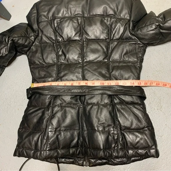 Danier Black Leather Puffer Jacket Sz XXS High Neck Bomber Quilted Winter Coat - Picture 8 of 16
